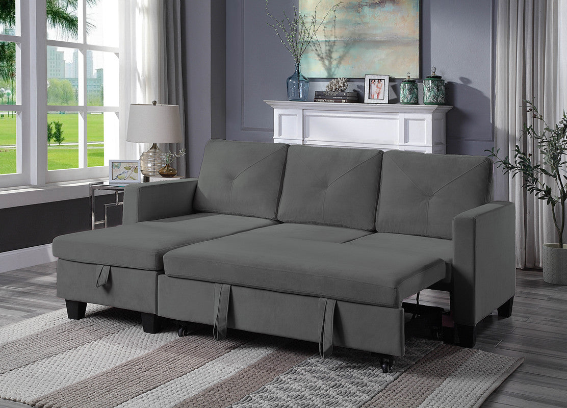 Grey sectional sleeper sofa with pullout bed mechanism and storage