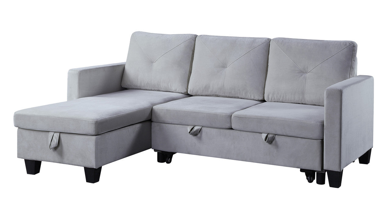 Light gray velvet sectional sofa with chaise and hidden storage
