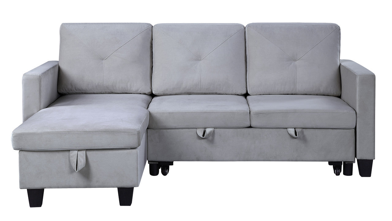 Light gray sectional sofa with storage chaise plush velvet upholstery modern design