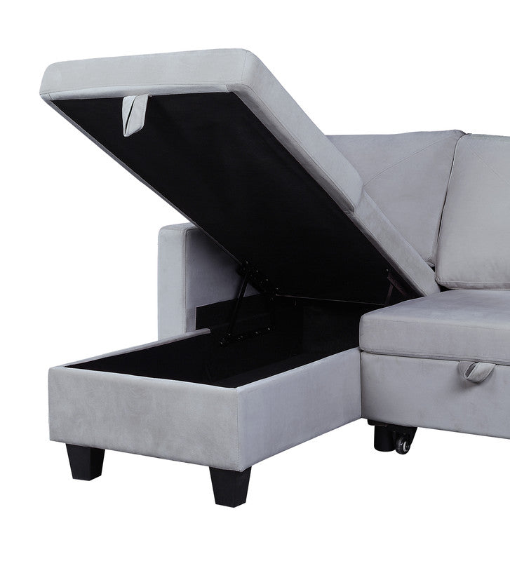 Light grey velvet sectional sofa with lifttop storage chaise for living room