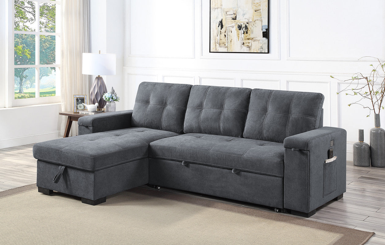 Dark grey fabric sectional sofa with chaise and hidden storage for living rooms