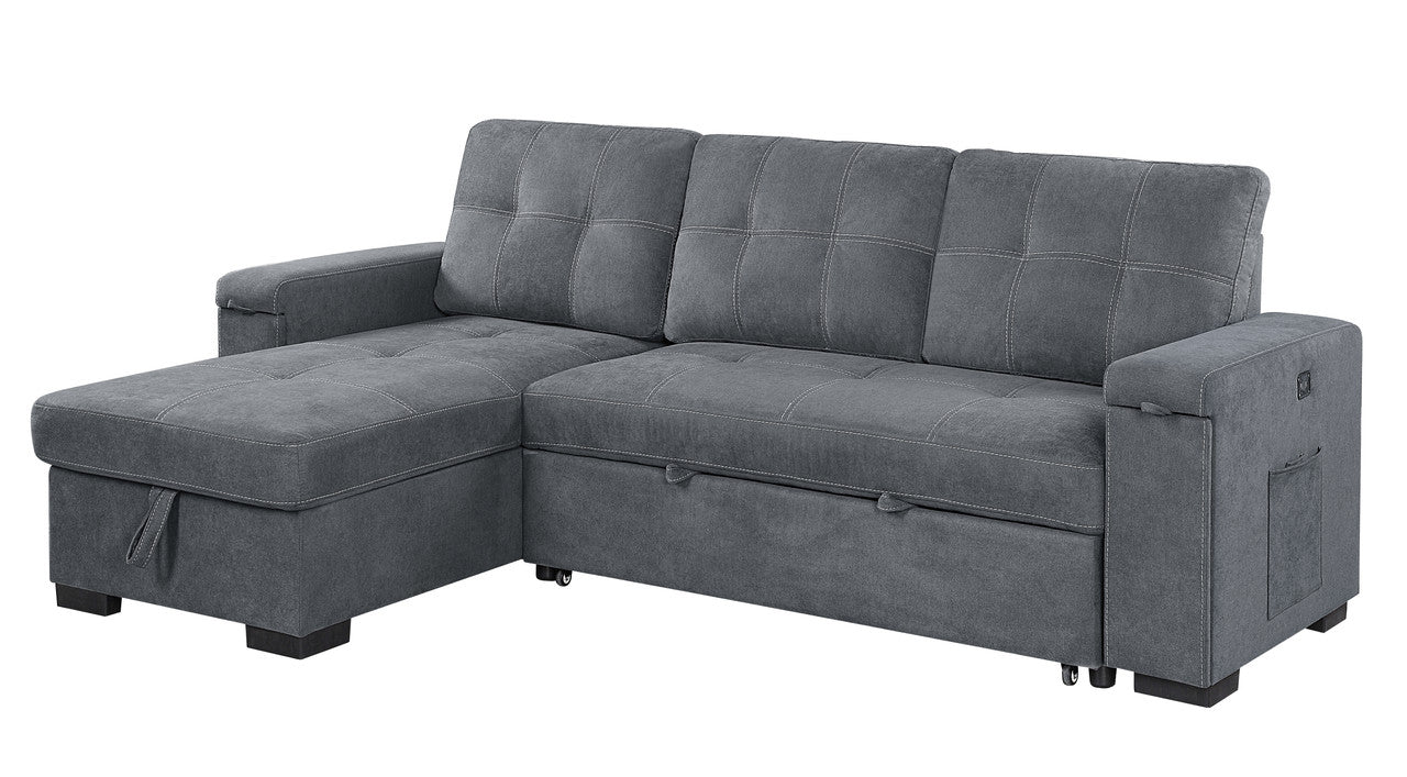 Dark gray fabric sectional sofa with storage chaise and tufted cushions for living rooms