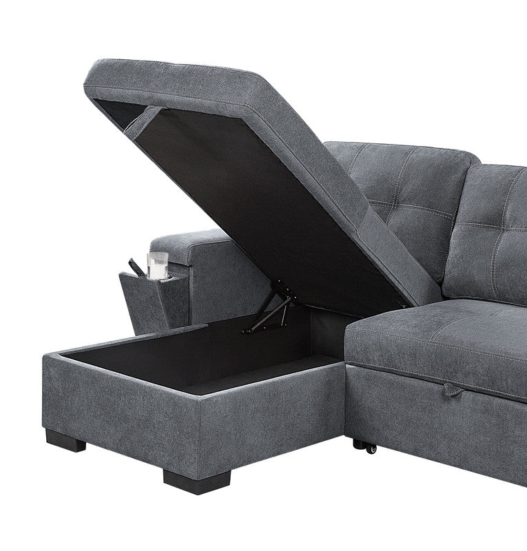 Dark gray sectional sofa with storage chaise and open lid showing ample interior space