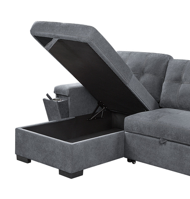 Gray fabric sectional sofa with open chaise storage compartment