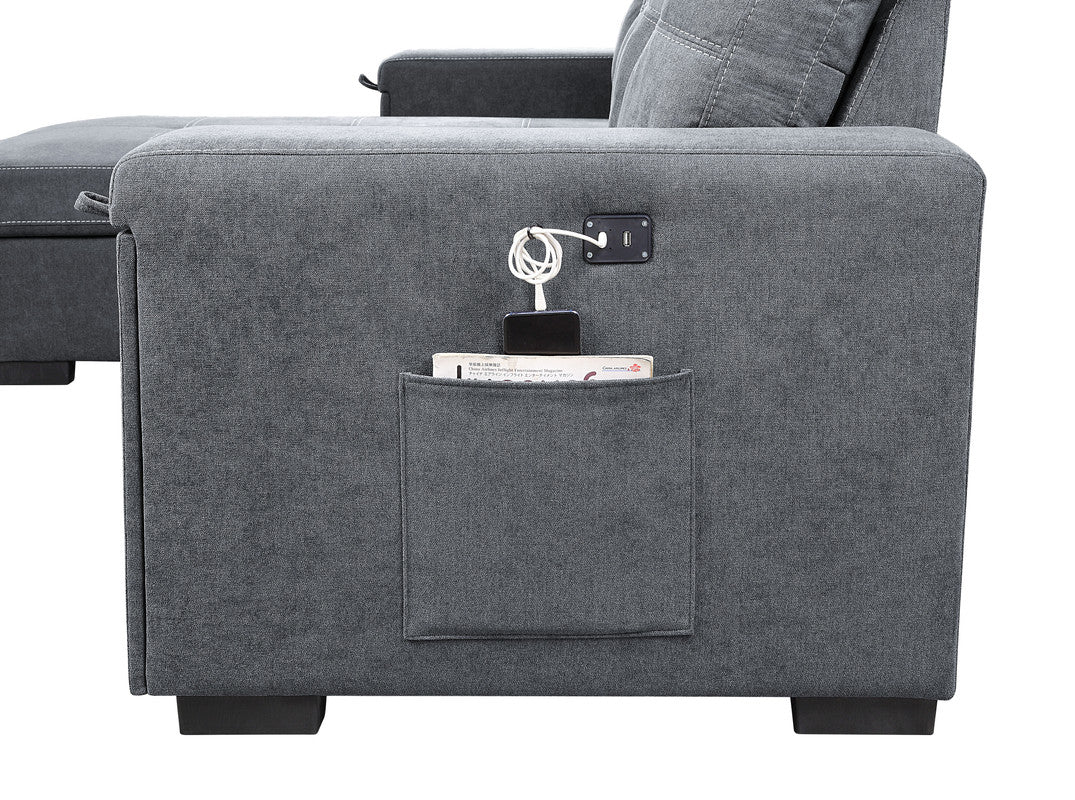 Dark grey fabric couch with builtin USB charging port for modern living