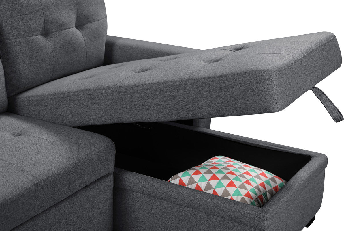 Dark gray fabric sectional sofa with hidden storage compartment and decorative pillow inside