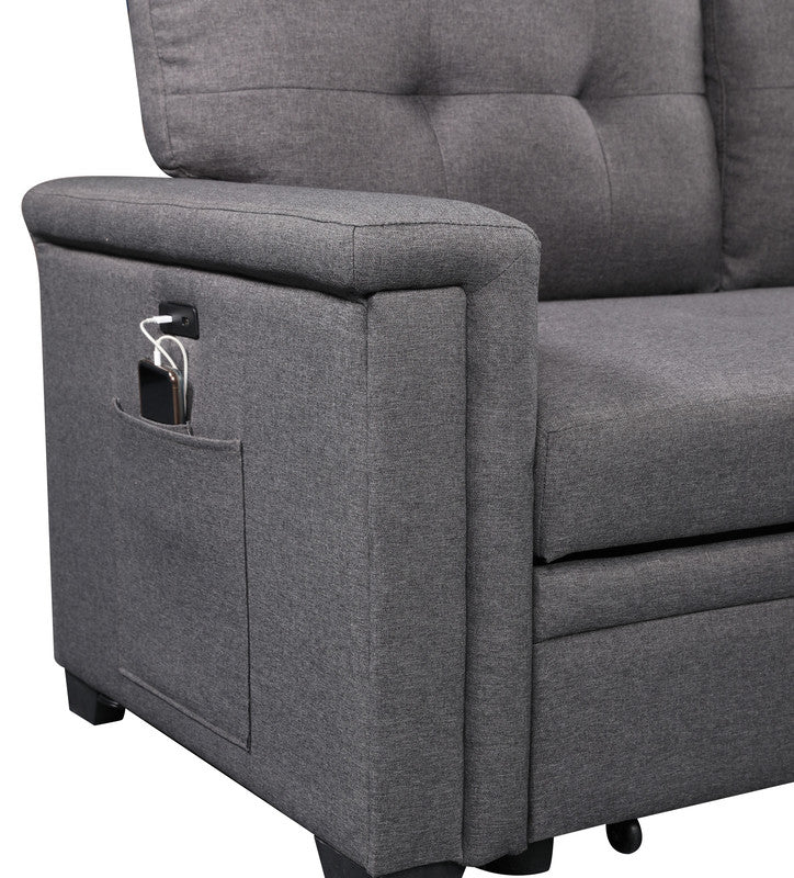 Dark gray upholstered sofa arm with integrated phone pocket and USB charging ports