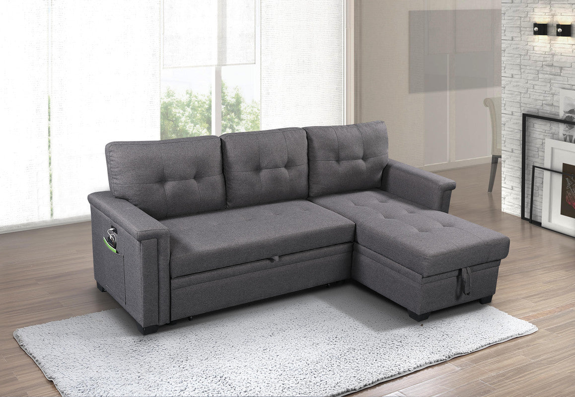 Dark gray fabric sectional sofa with tufted cushions and storage ottoman for modern living room