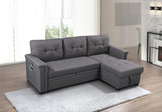 Dark gray fabric sectional sofa with tufted cushions and storage ottoman for modern living room