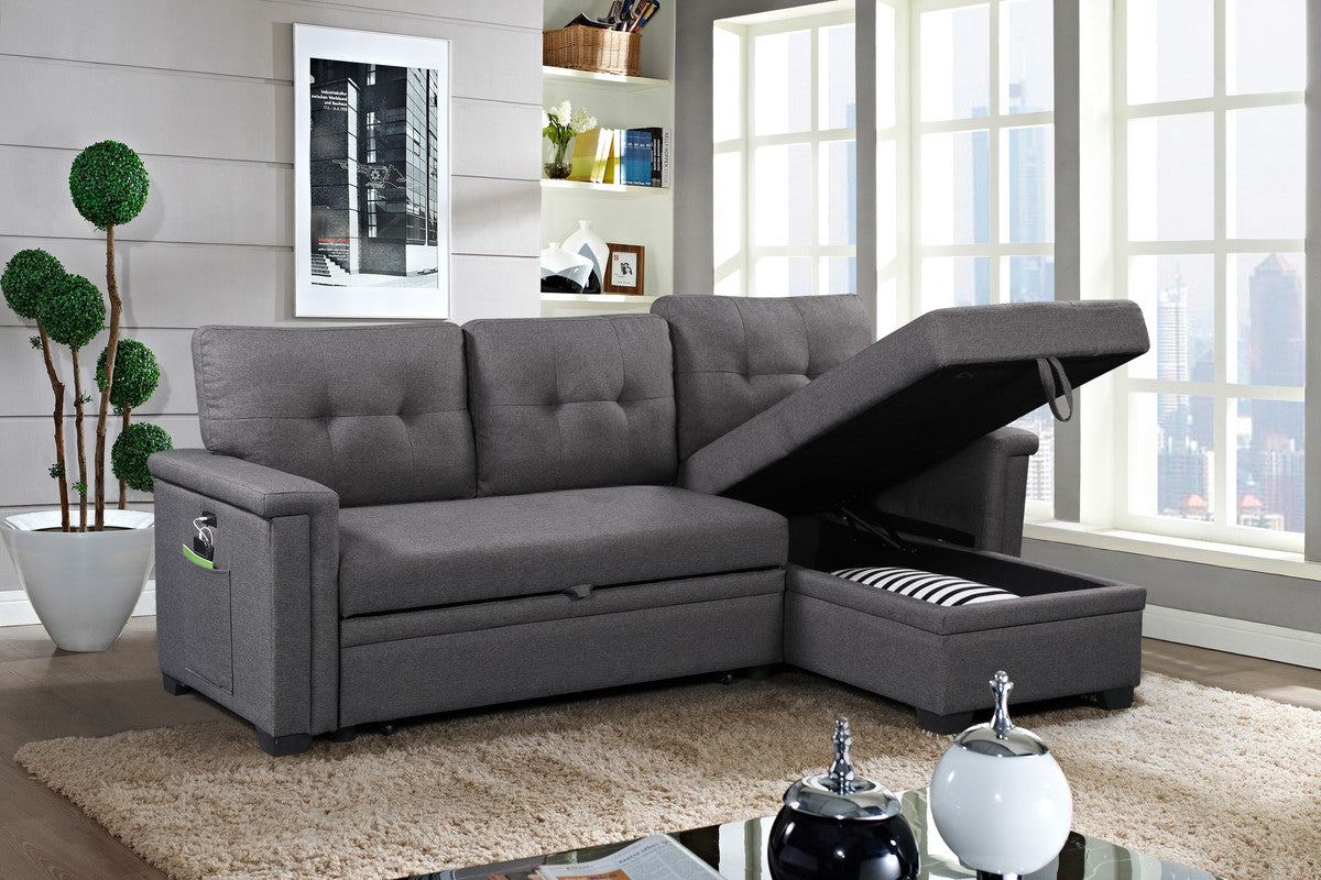 Grey fabric sectional sofa with storage chaise and open ottoman ideal for living rooms