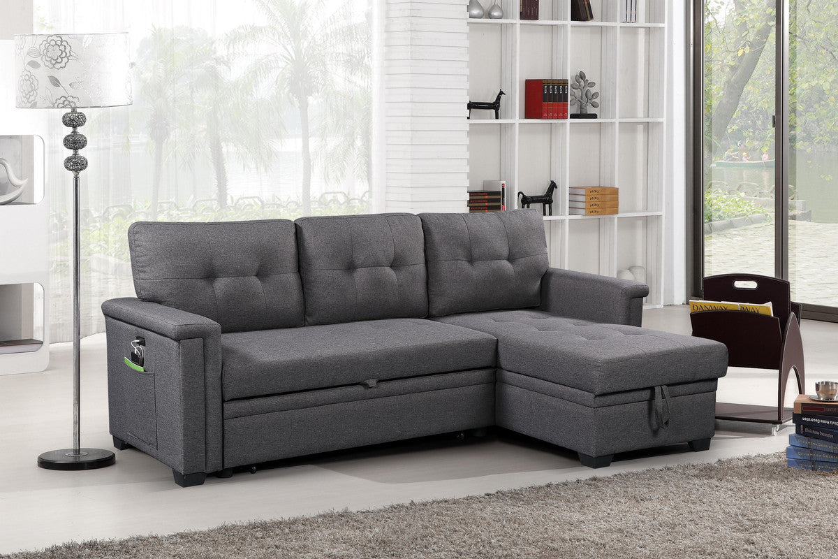 Dark gray fabric sectional sofa with storage chaise and pocket armrest