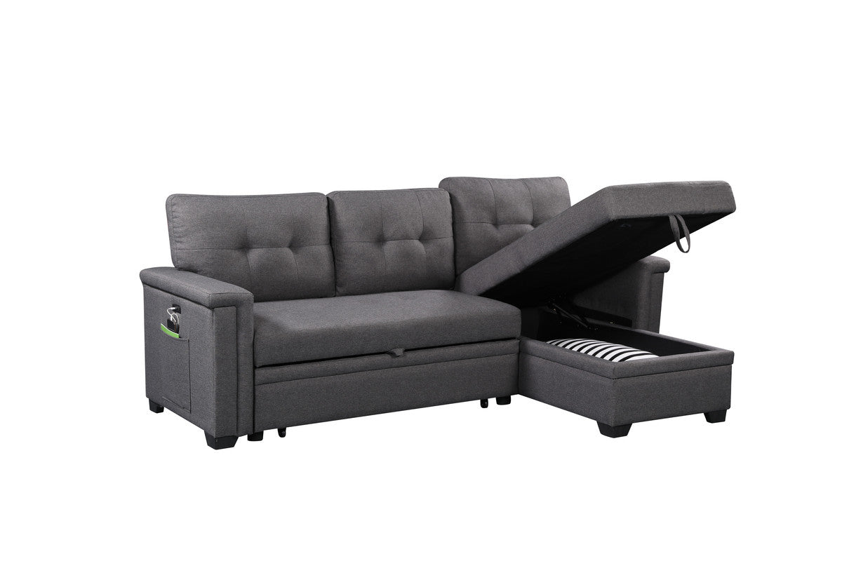 Dark gray linen sectional sofa with storage chaise and side pocket