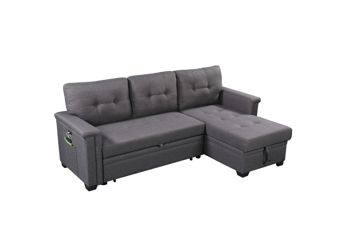 Dark gray tufted fabric sectional sofa with builtin storage and side pocket