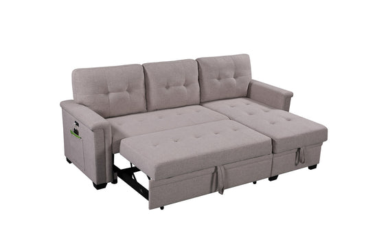 Grey sectional sofa bed with pullout ottoman and storage tufted cushions