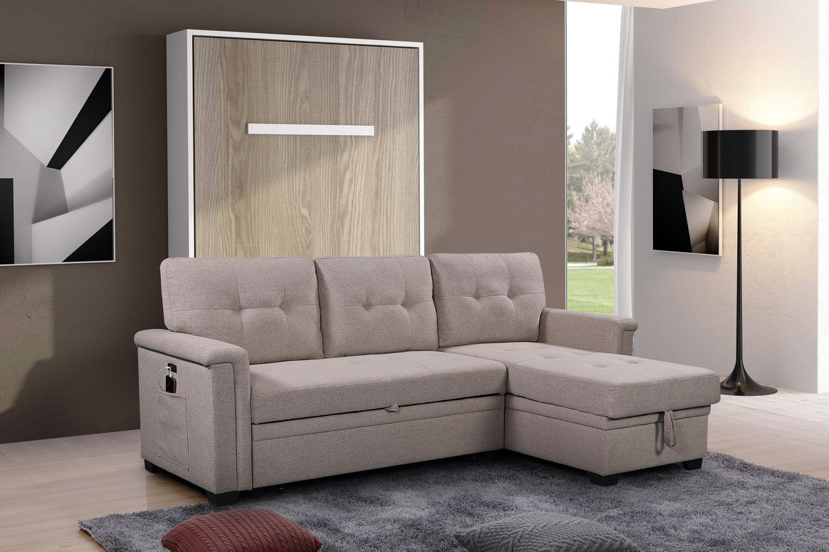 Taupe sectional sofa bed with tufted cushions and builtin storage ideal for compact living spaces