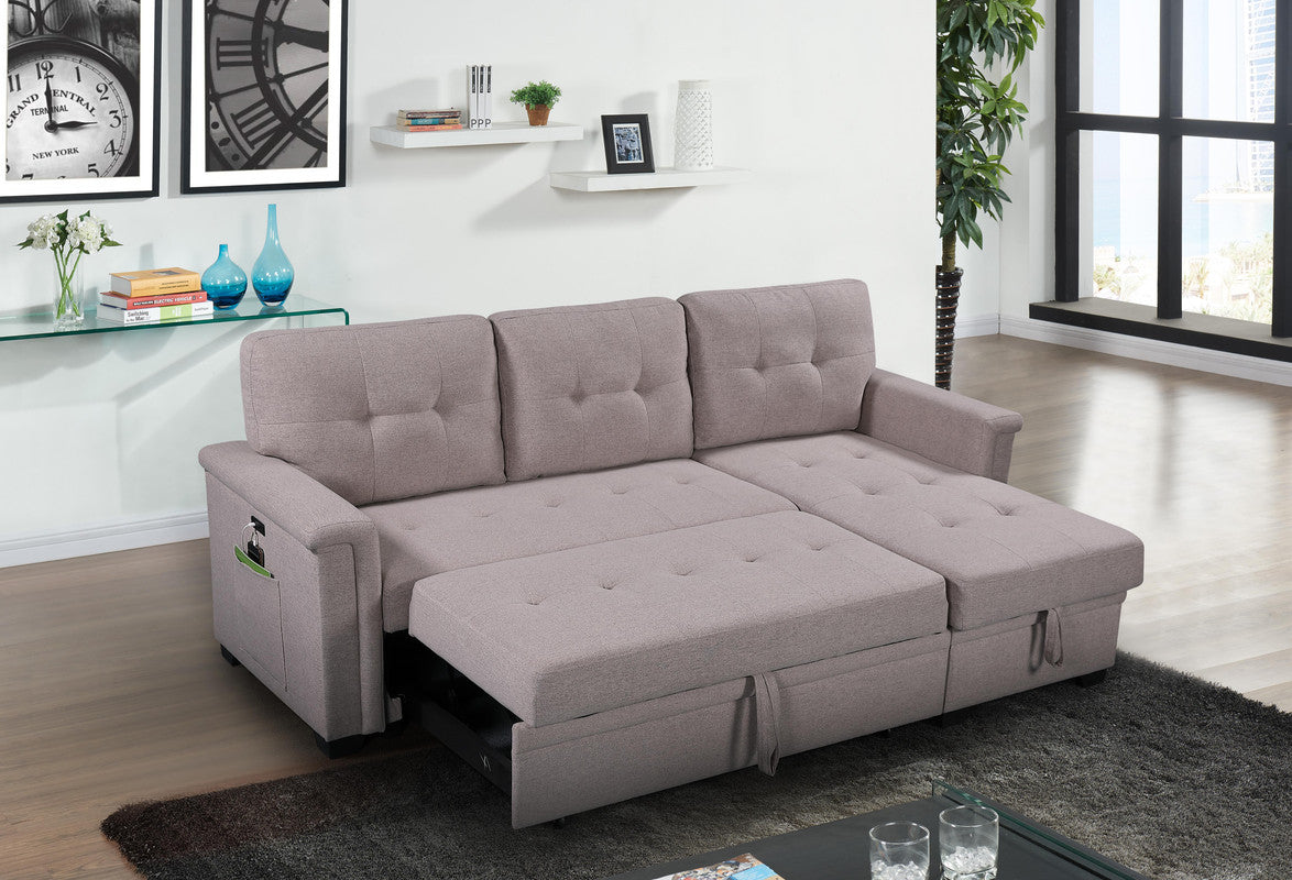 Taupe linen sectional sofa bed with pullout mattress and hidden storage compartments