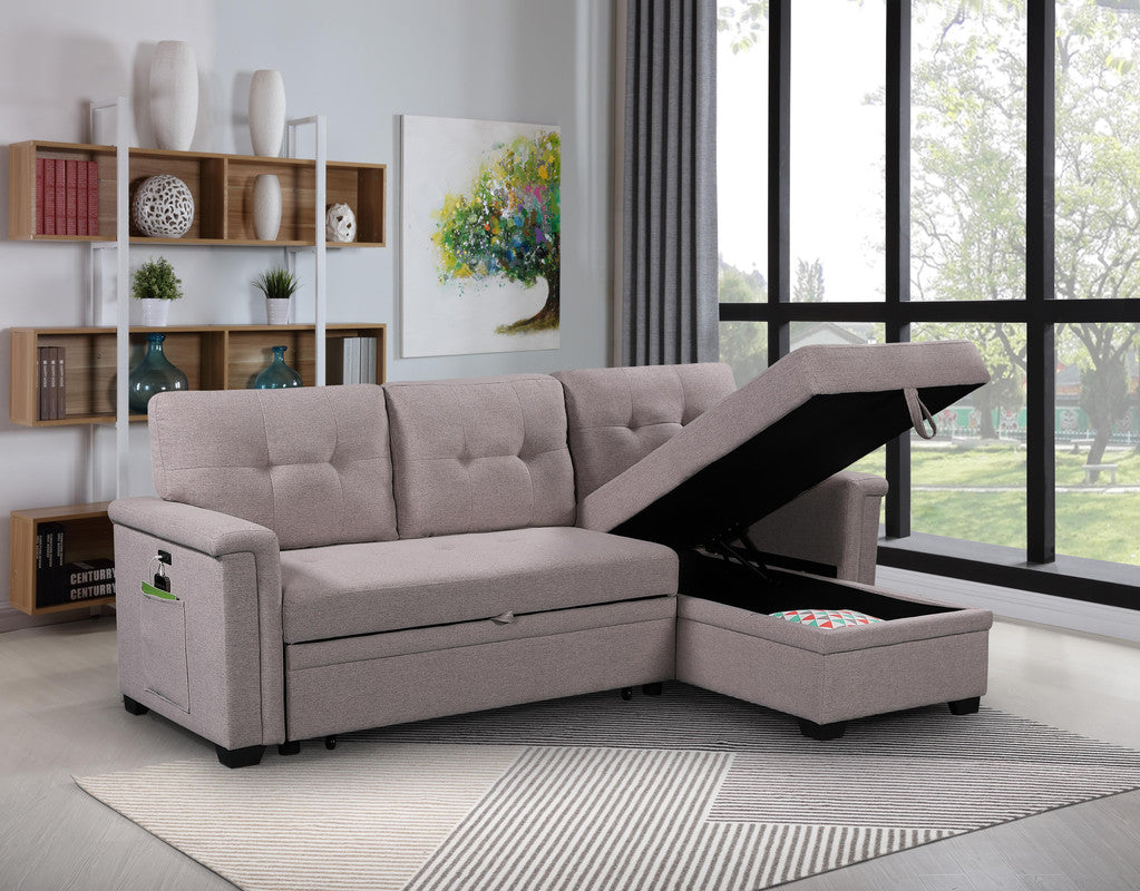 Taupe fabric sectional sofa with storage chaise and button tufting modern living room furniture
