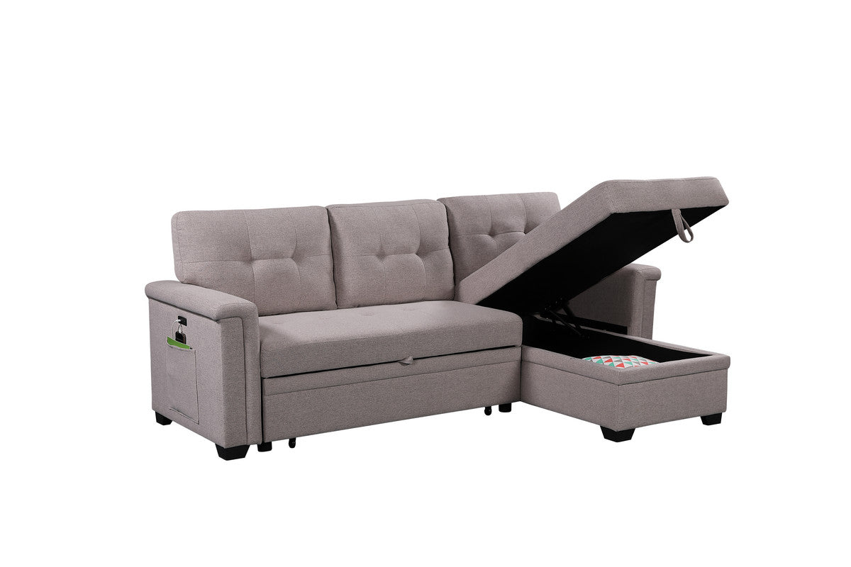 Gray sectional sofa with storage ottoman and side pocket tufted back cushions