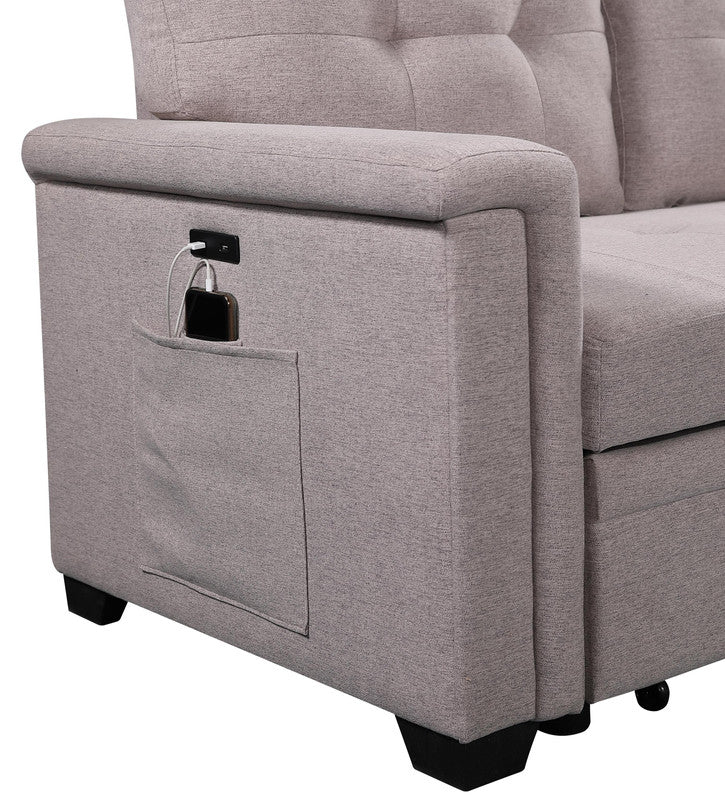 Gray fabric sofa armrest with builtin USB charging port and phone pocket