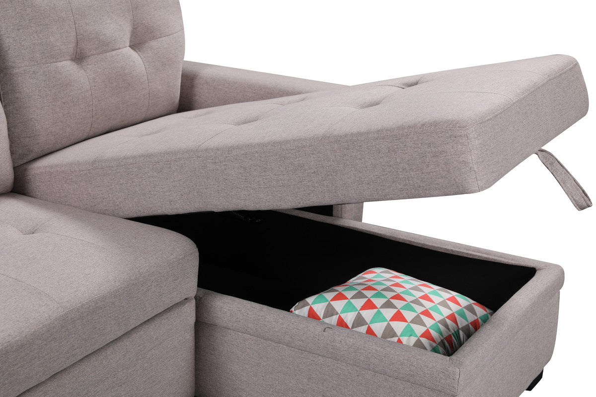 Light gray sectional sofa with opened storage compartment revealing a colorful geometric pillow