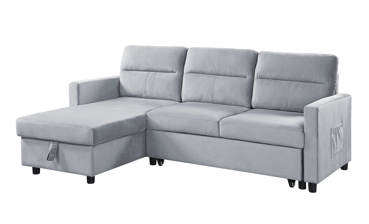 Light grey velvet sectional sofa with storage chaise and side pocket
