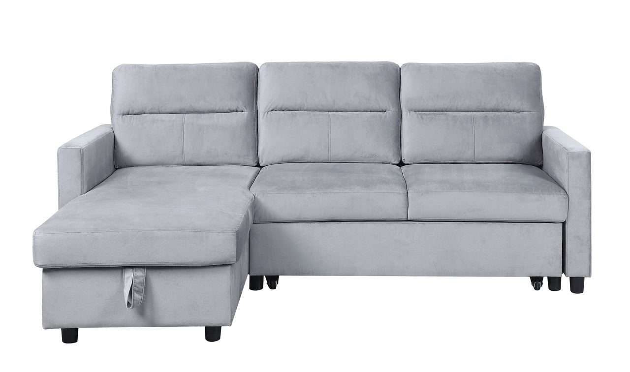 Light grey velvet sectional sofa with chaise and storage