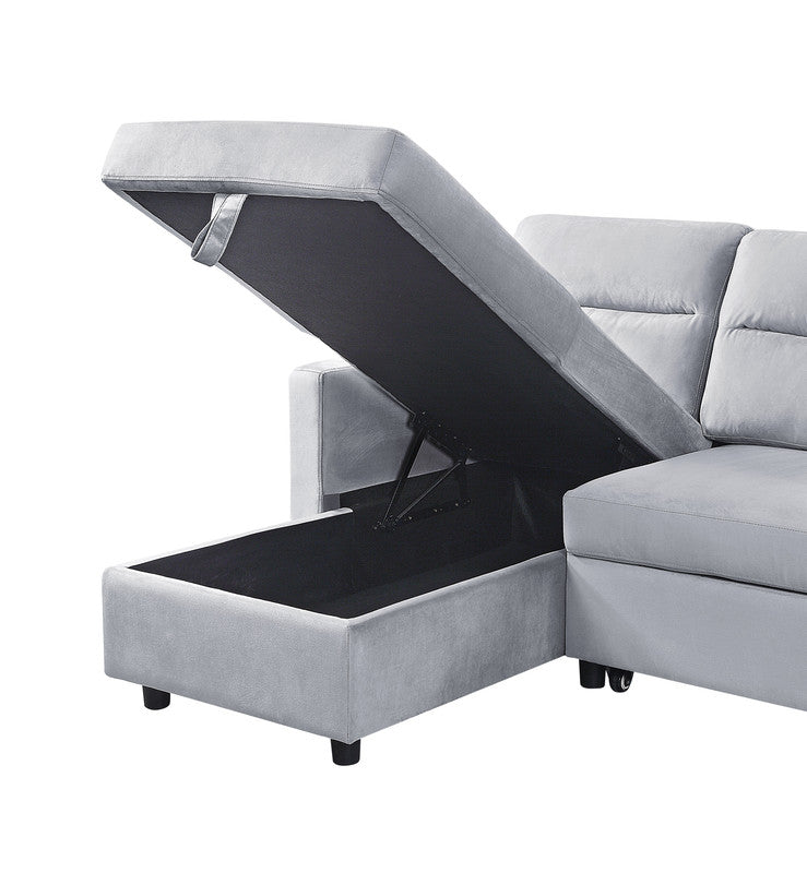 Light gray velvet sectional sofa with opened ottoman storage compartment