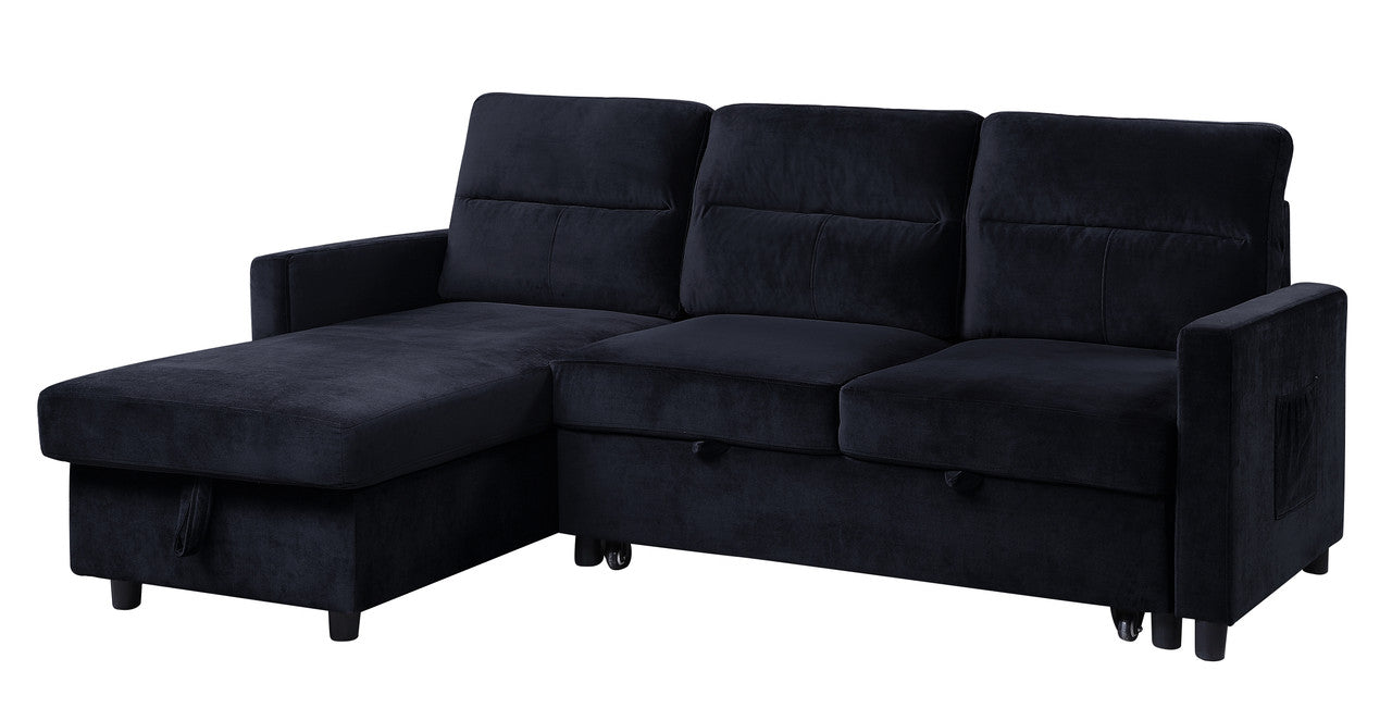 Deep navy velvet sectional sofa with chaise and hidden storage ideal for modern living rooms
