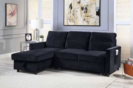 Dark blue velvet sectional sofa with chaise lounge and hidden storage for living room comfort