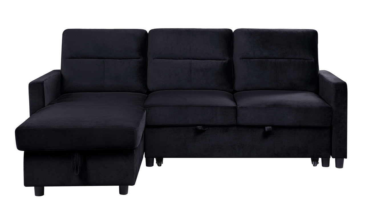 Black velvet sectional sofa with chaise and hidden storage compartment for living rooms