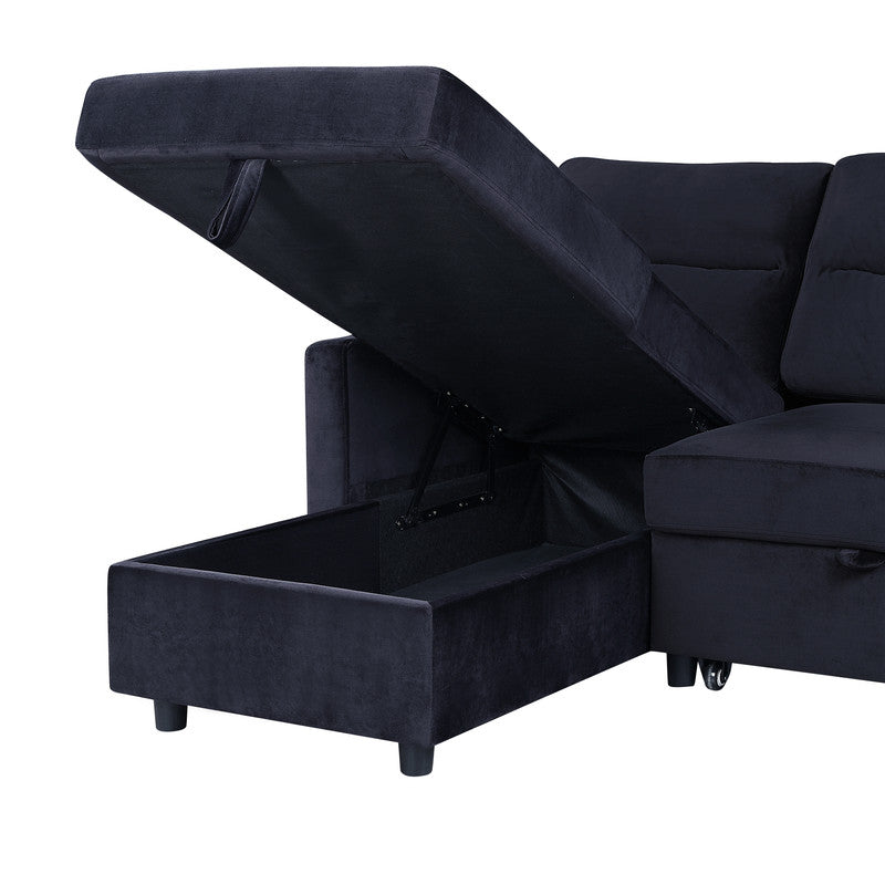 Dark navy velvet sectional sofa with open storage chaise for living room organization