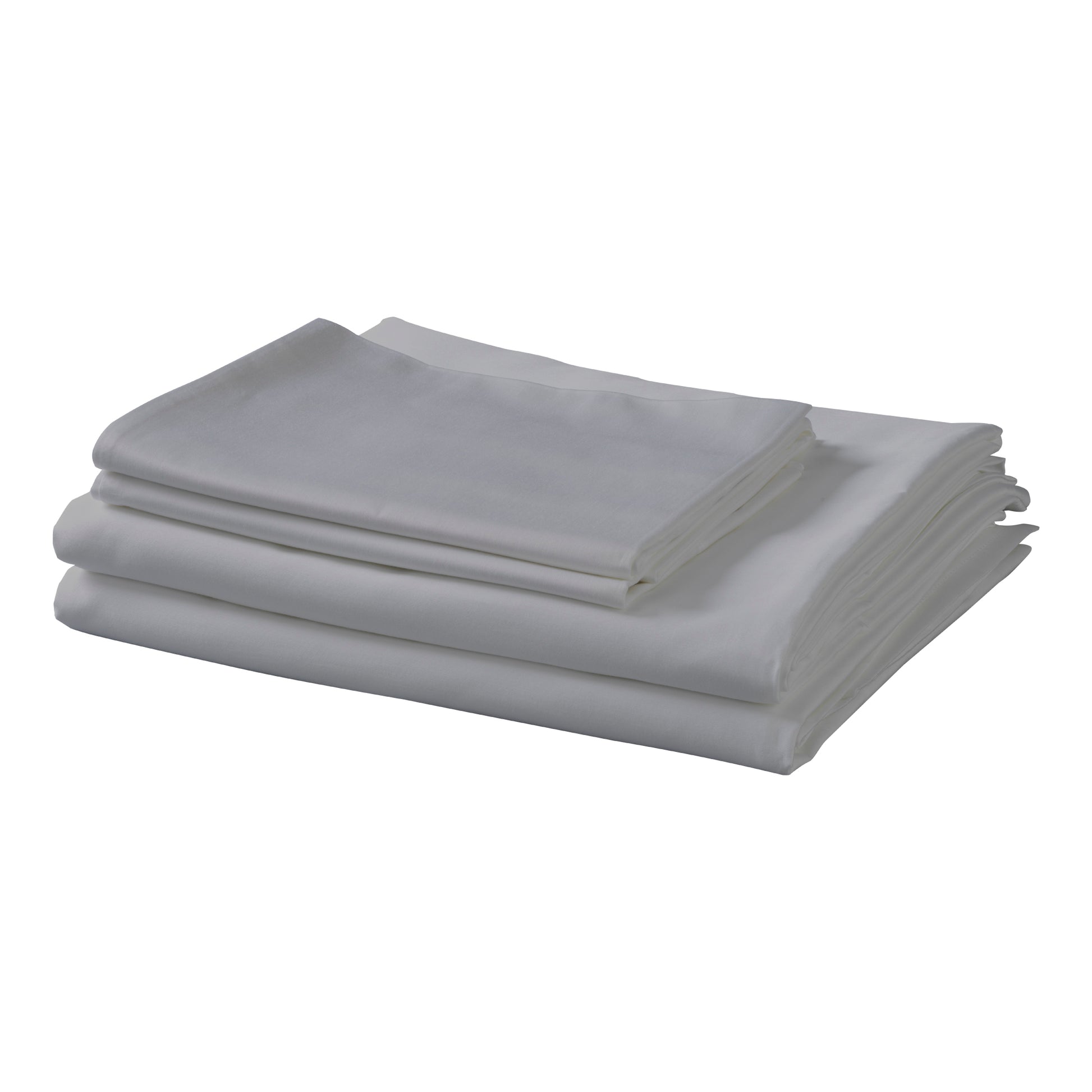 Stacked white cotton sateen sheets crisp and clean for a luxurious feel