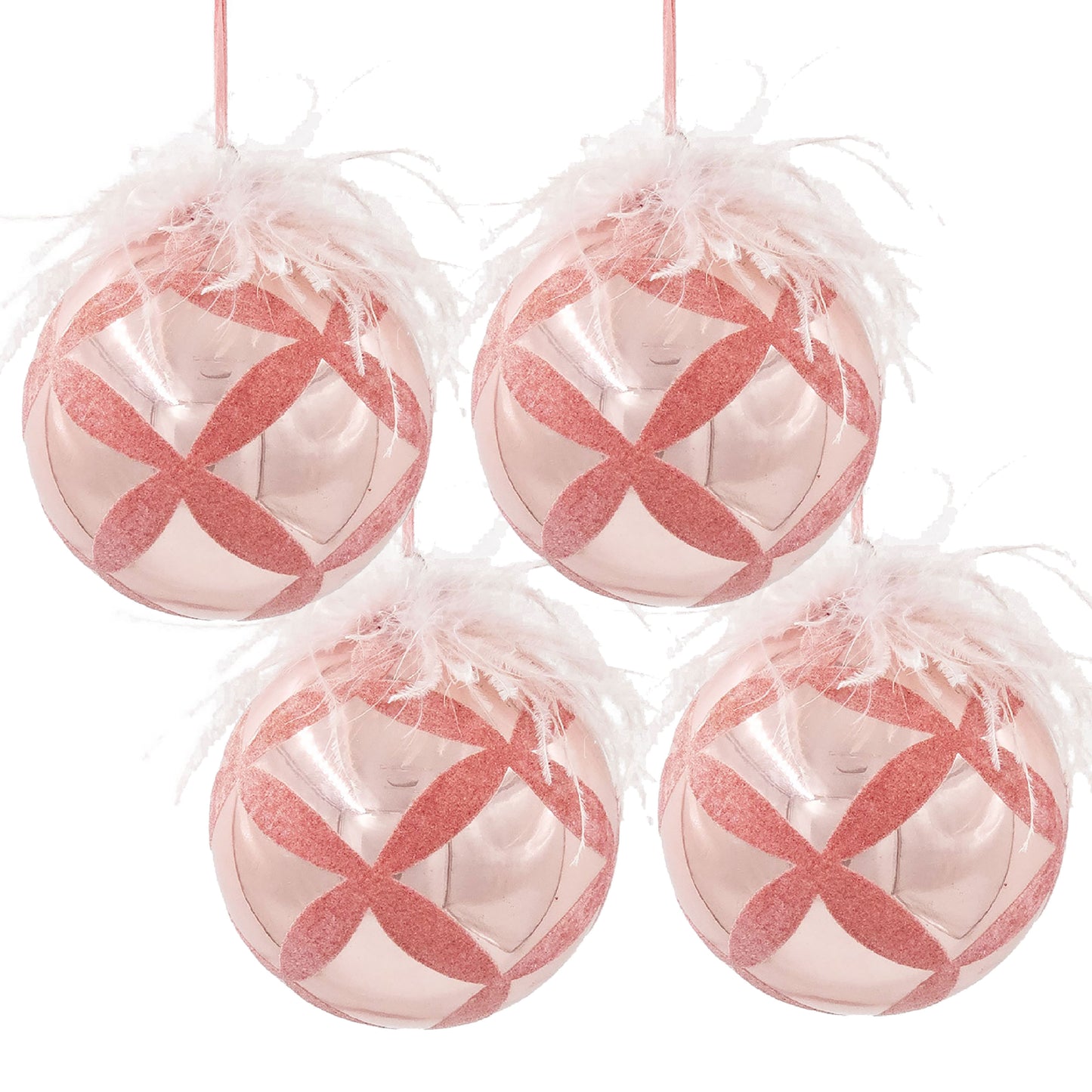 Four rose gold glass Christmas ornaments with feathered tops