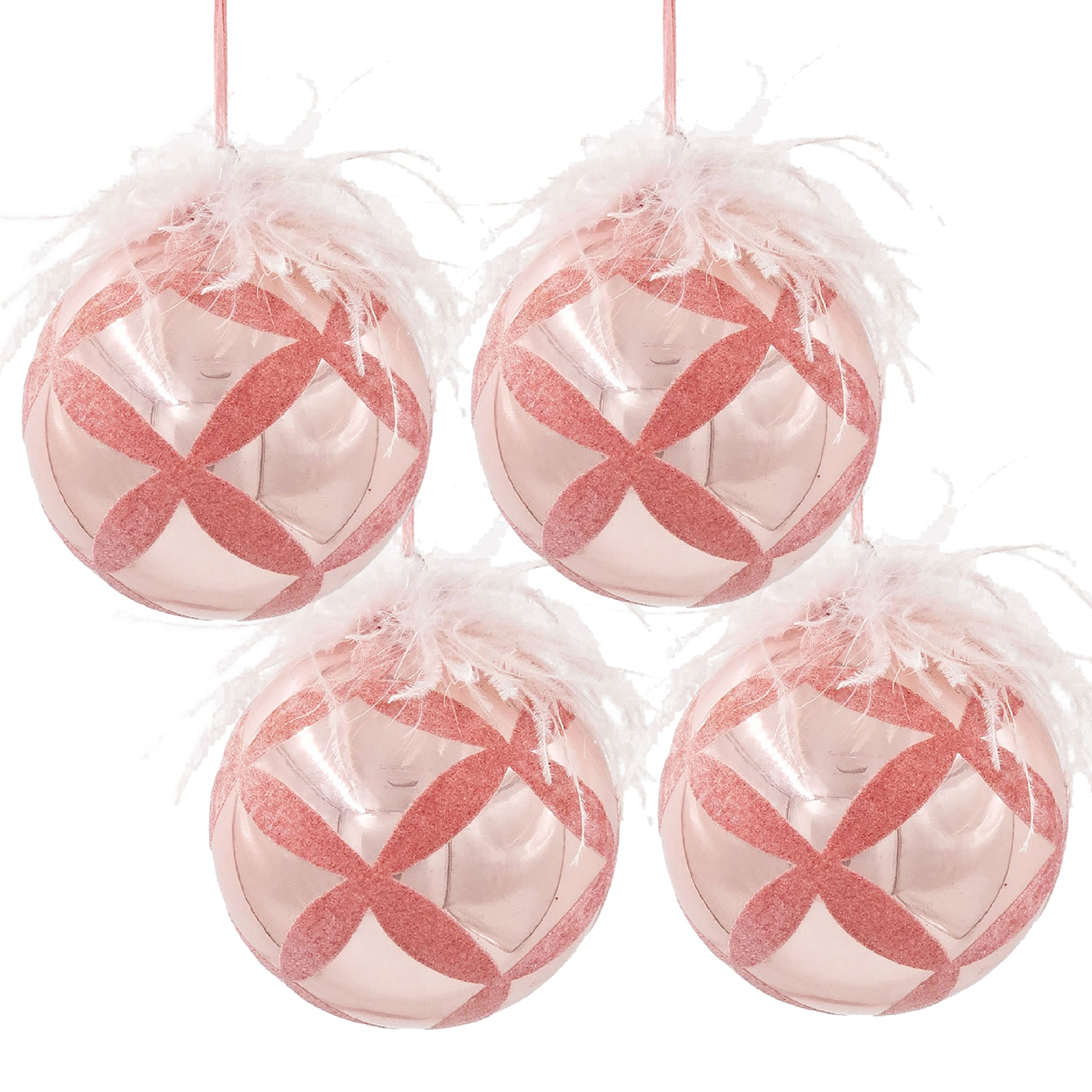 Four rose gold glass Christmas ornaments with feathered tops