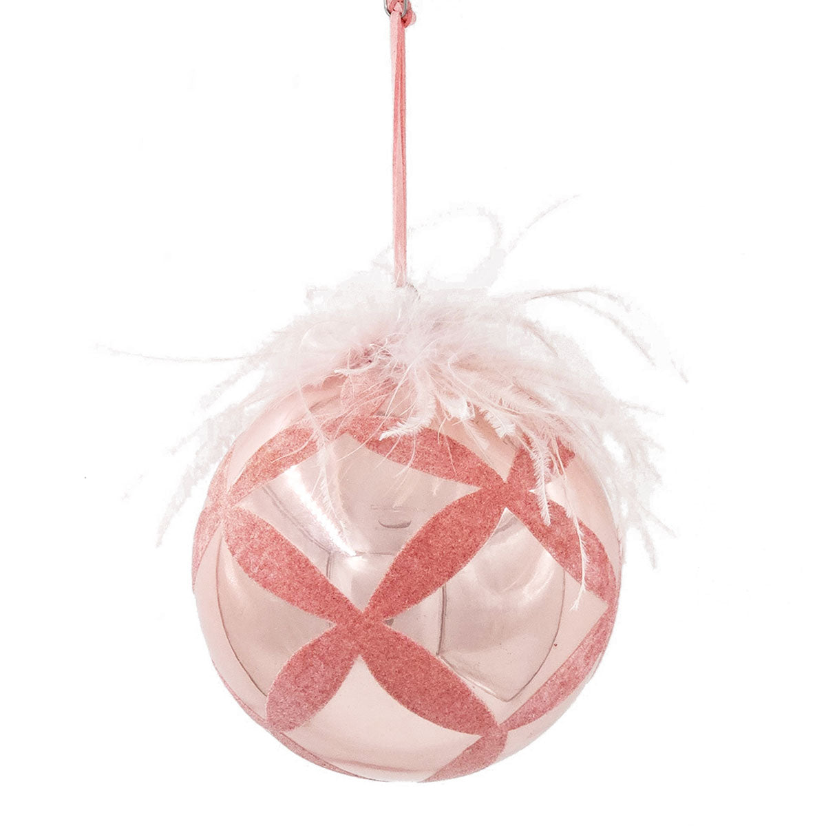 Rose gold glass Christmas ornament with diamond pattern and white feathers