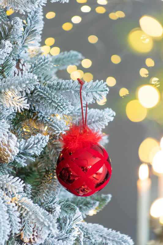 Shiny red Christmas ornament with feather accent and crisscross velvet ribbon