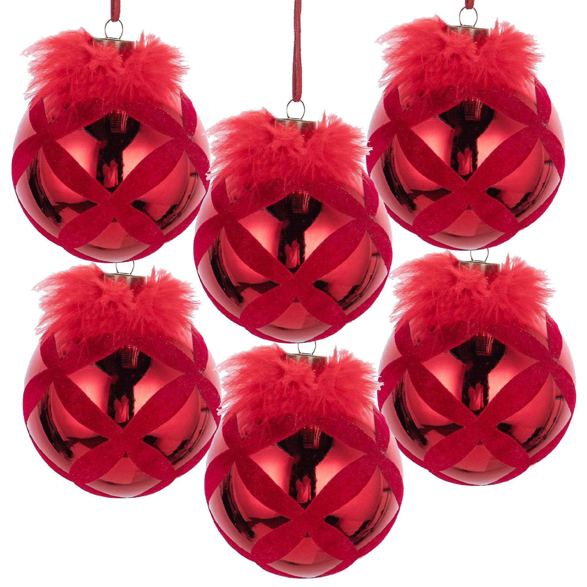 Set of six glossy red Christmas ornaments with velvet ribbon lattice and feather accents