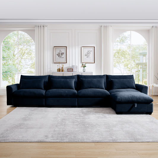 Deep navy corduroy sectional sofa with plush cushions and hidden storage perfect for modern living rooms