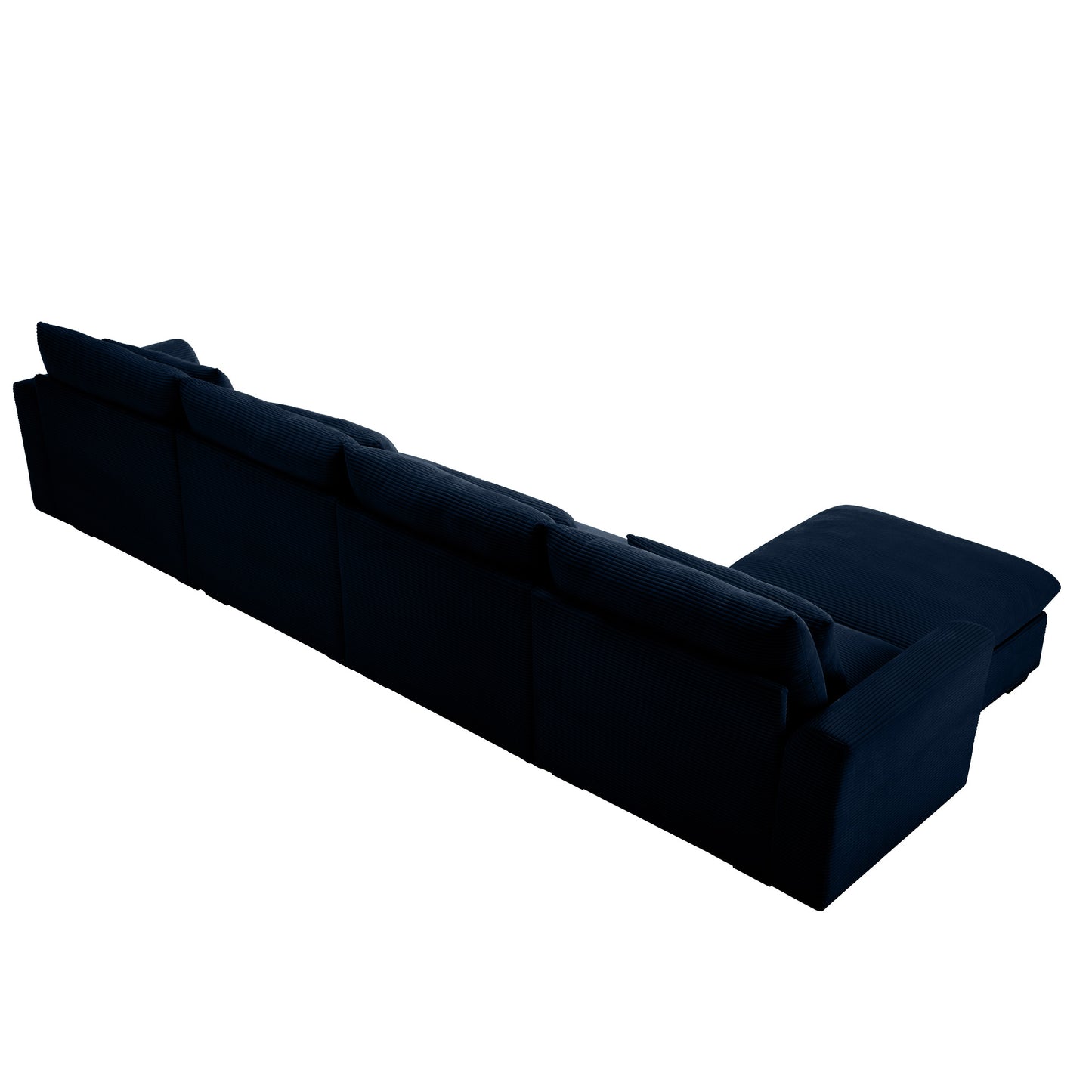 Dark navy corduroy sectional sofa with plush cushions and chaise lounge