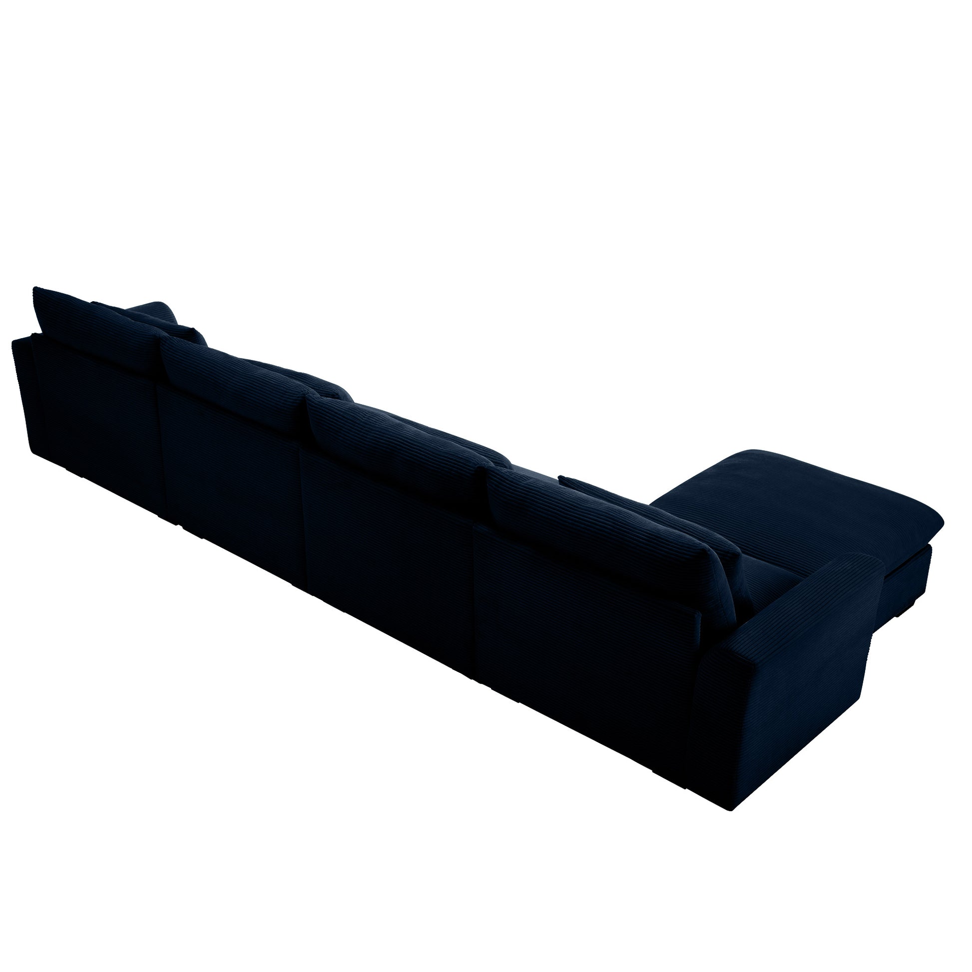 Dark navy corduroy sectional sofa with plush cushions and chaise lounge