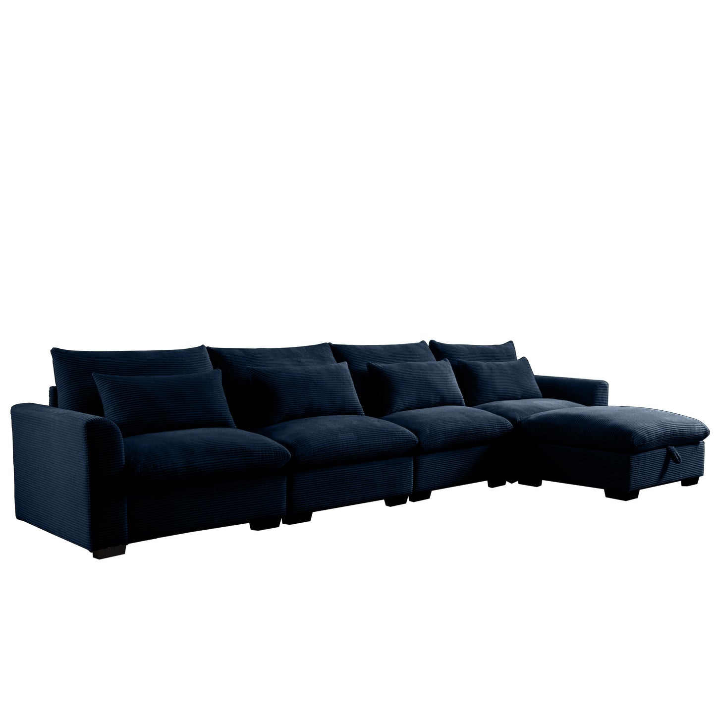 Navy corduroy sectional sofa with deep seating and plush cushions