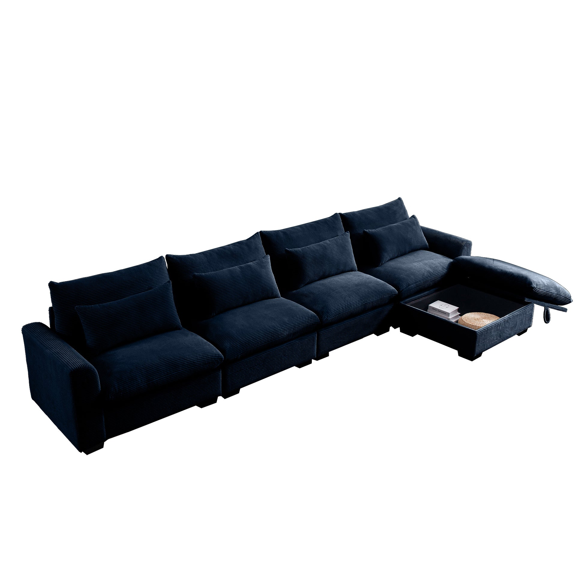 Dark blue corduroy sectional sofa with plush cushions and builtin storage compartment