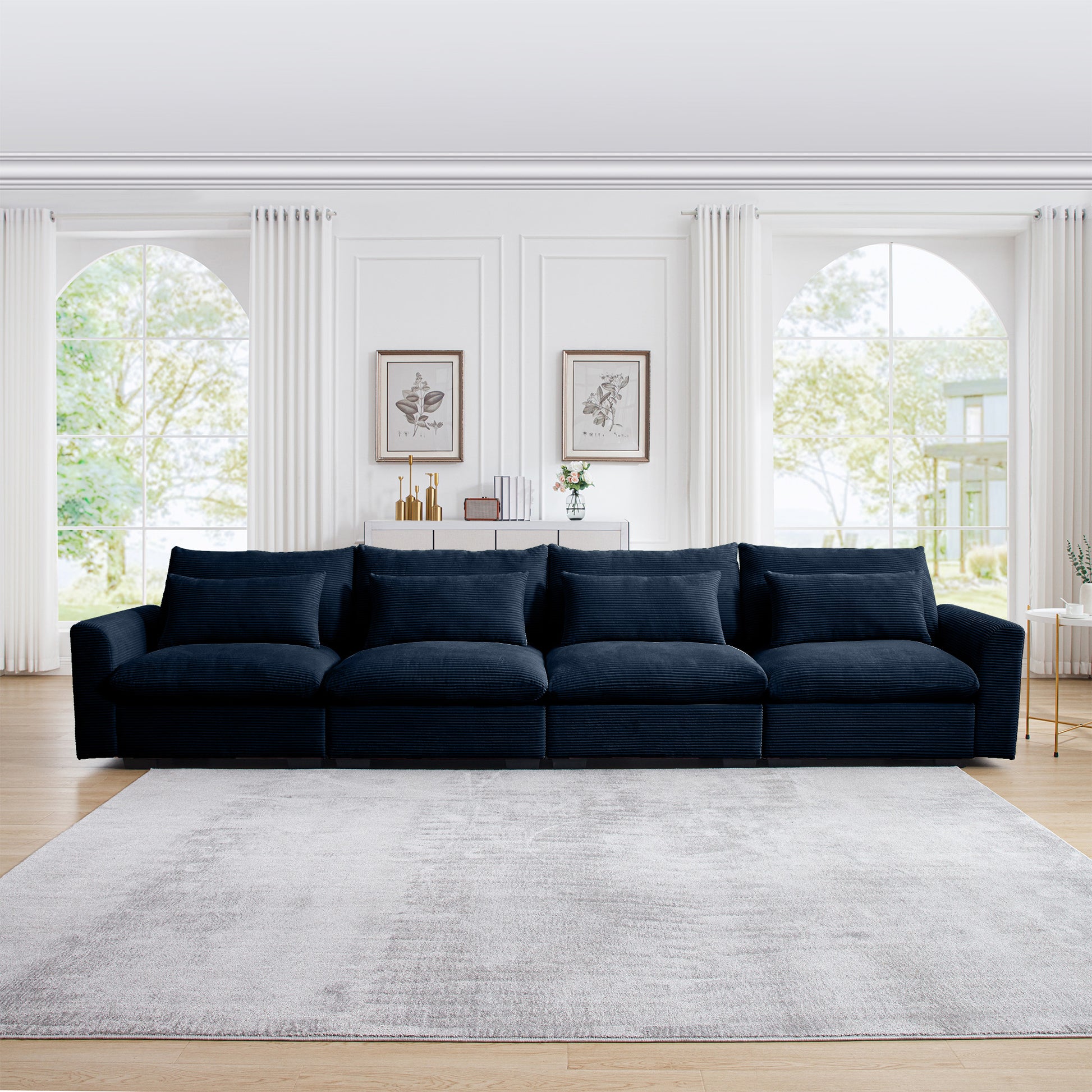 Deep navy corduroy sectional sofa with plush cushions perfect for a modern living room setup