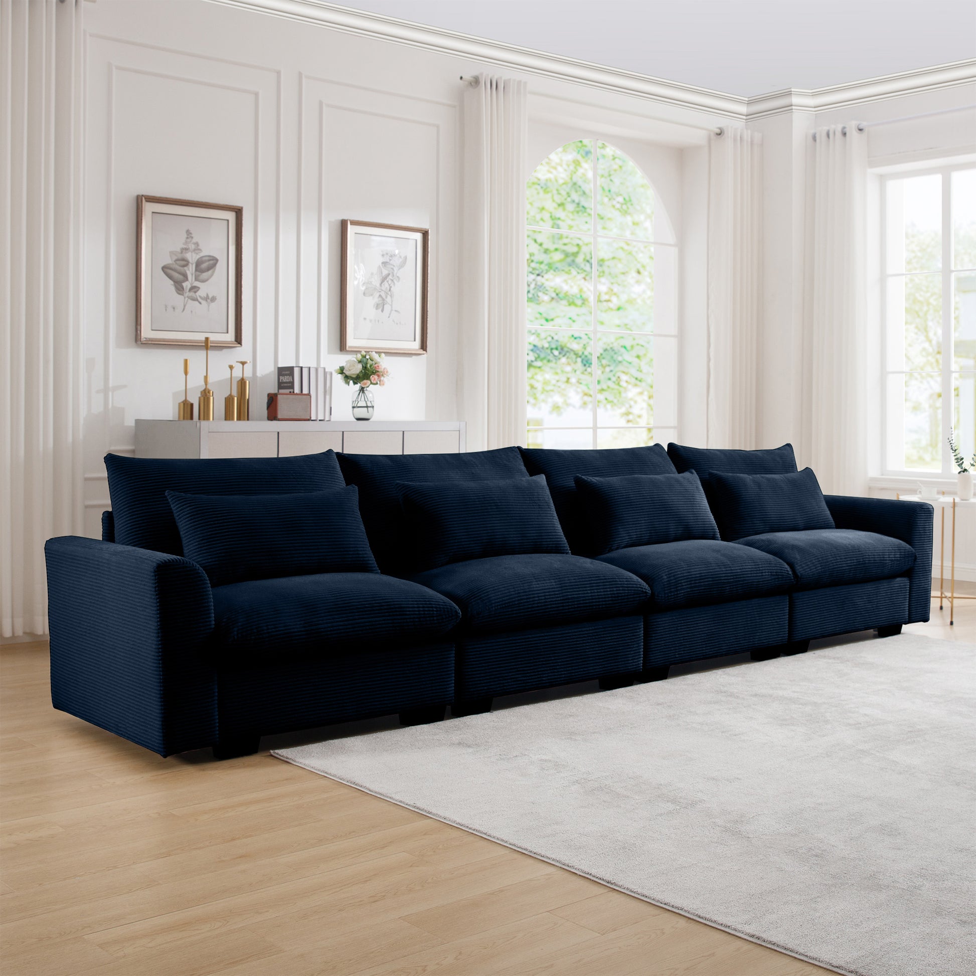 Deep navy blue corduroy sectional sofa with plush cushions and a contemporary design