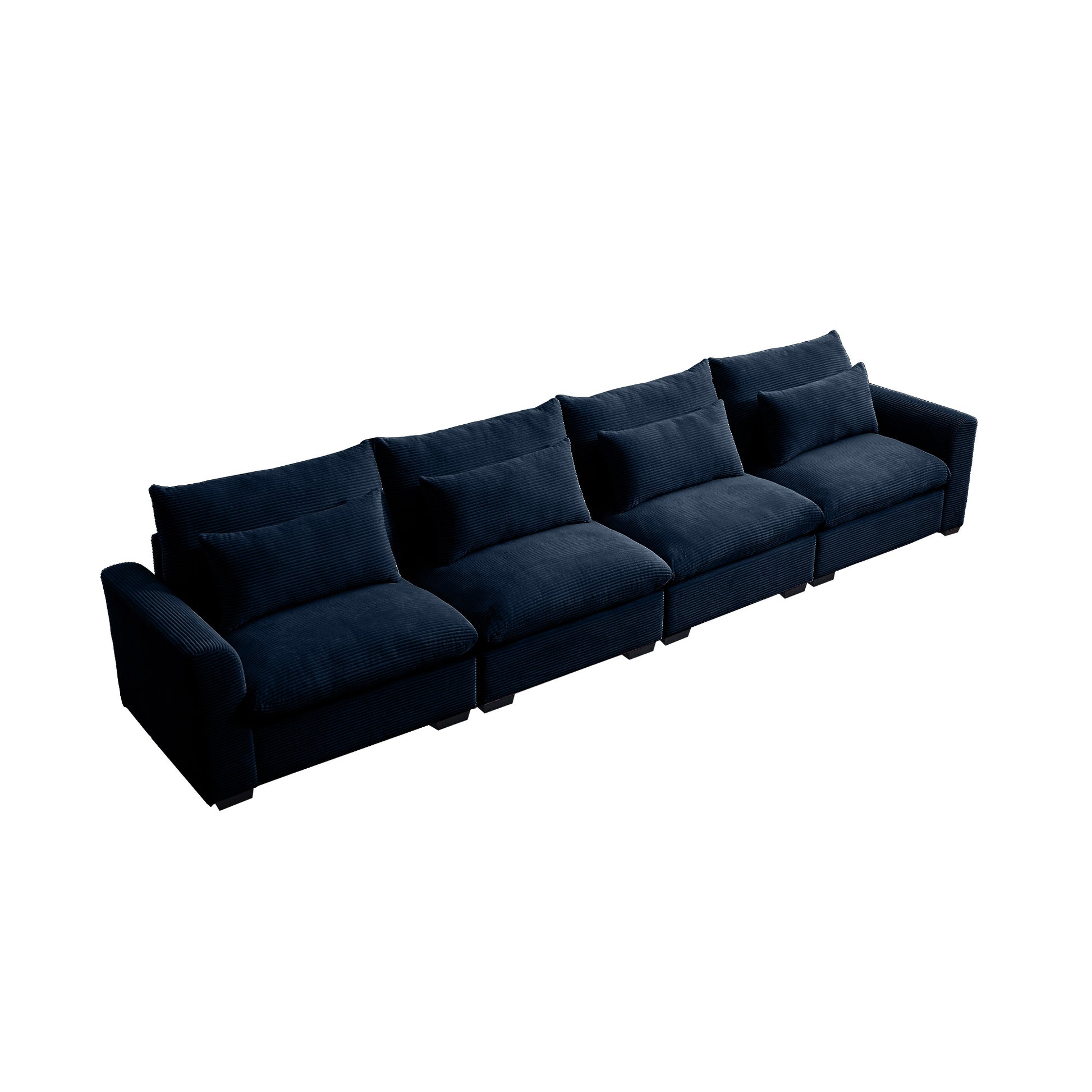 Deep navy corduroy sectional sofa with plush throw pillows ideal for a modern living room setup