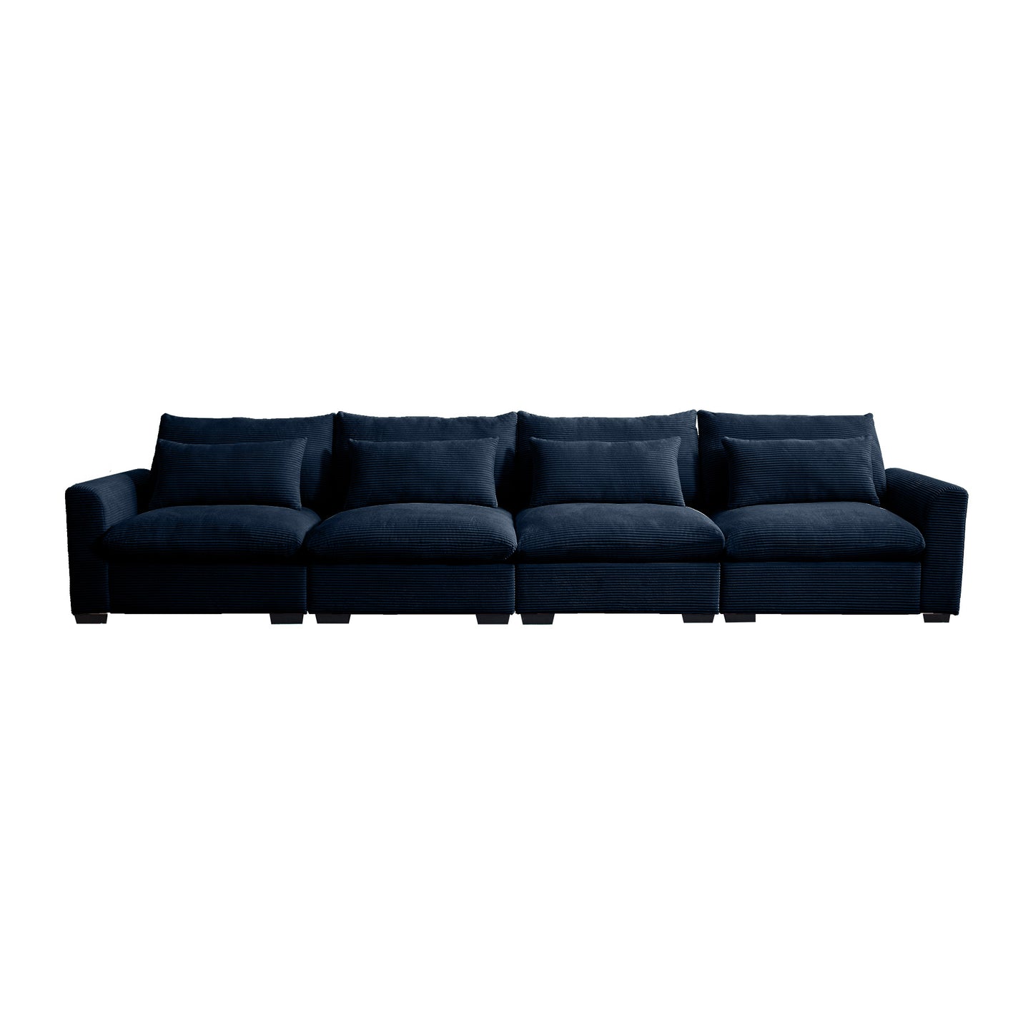 Dark navy corduroy sectional sofa with four plush seat cushions and matching throw pillows