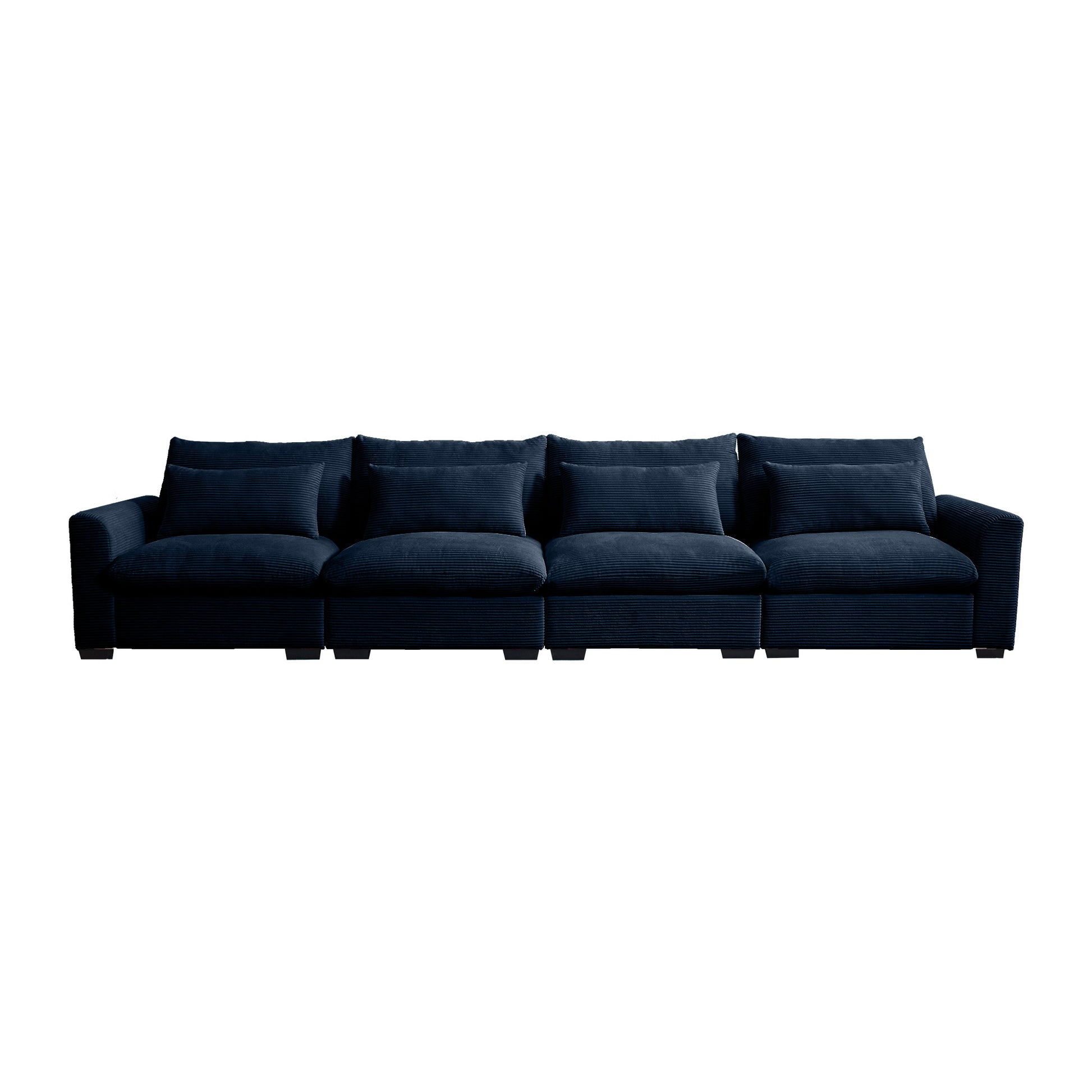 Dark navy corduroy sectional sofa with four plush seat cushions and matching throw pillows