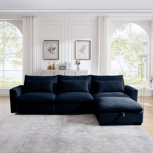 Navy corduroy sectional sofa with chaise lounge plush cushions and storage