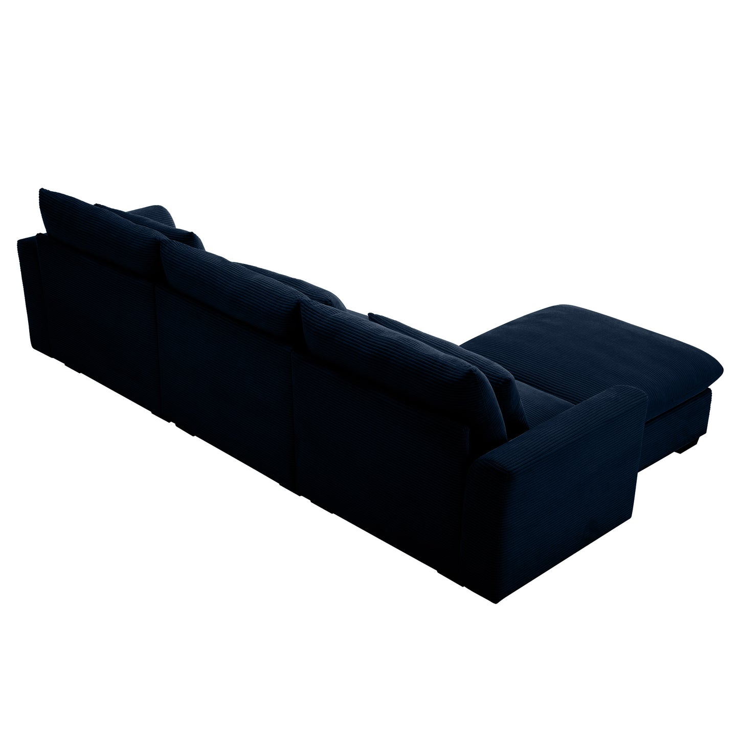 Navy blue corduroy sectional sofa with plush cushions and chaise lounge