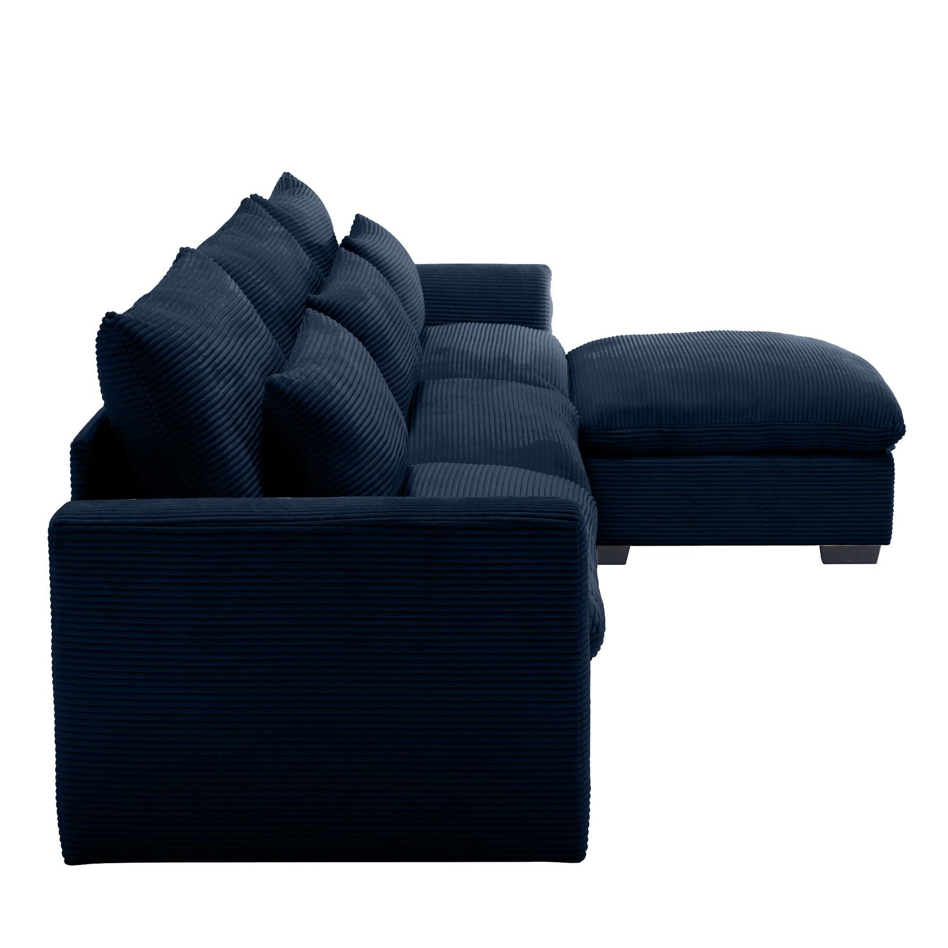 Dark navy corduroy sectional sofa with plush cushions and ottoman